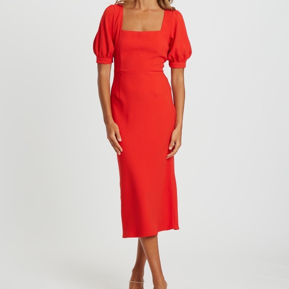 Tussah Red Puff Sleeve Square Neck Tie Back Midi Dress Wedding Guest Size 6 yy